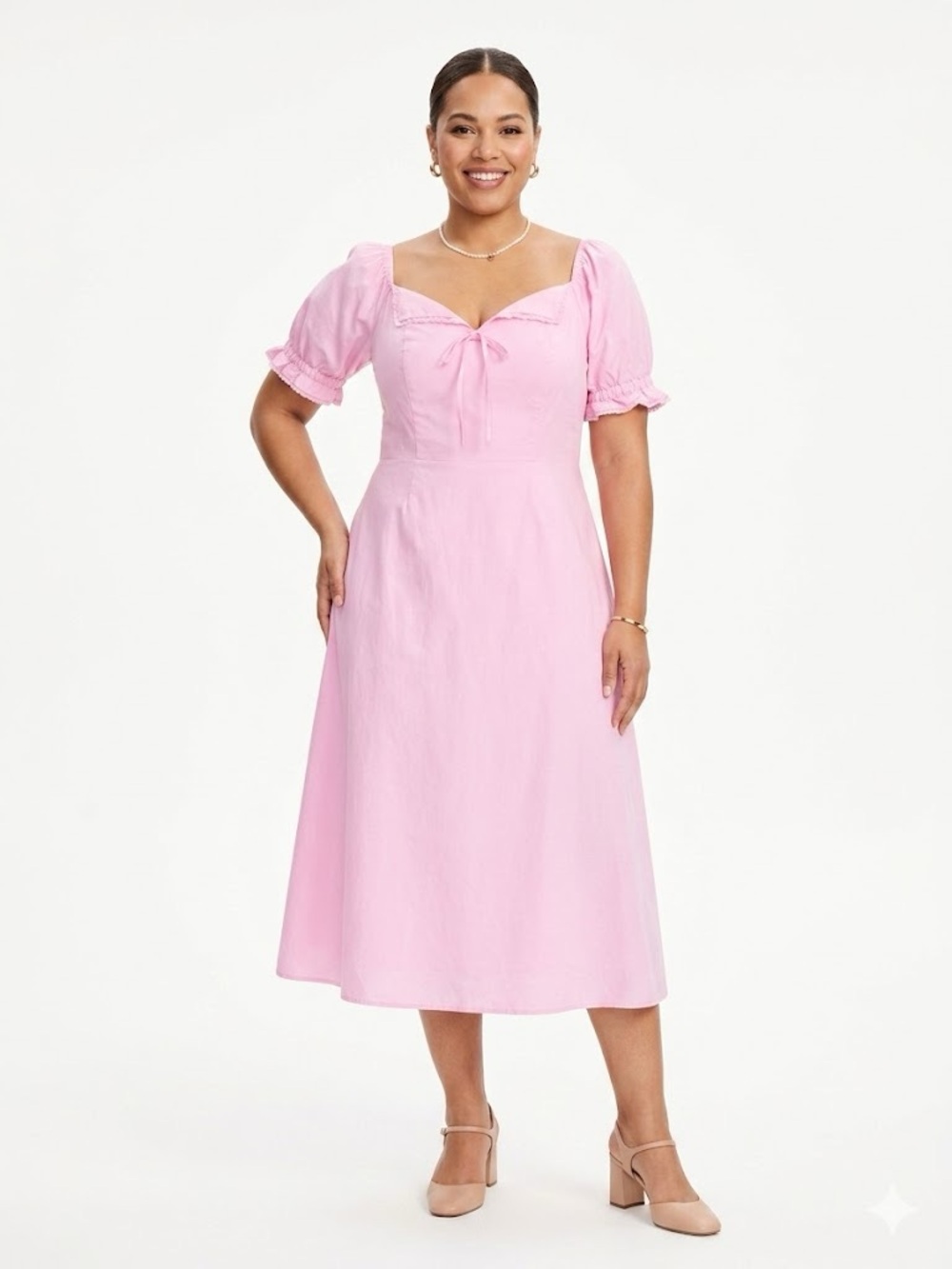 Pretty Pink Midi Dress with Puff Sleeves and Tie Front - Picture 3 of 9